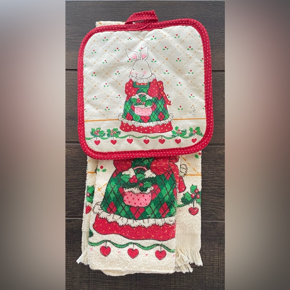Vintage Dish Towel Cloth Set Cecil Saydah Christmas Bunny NEW